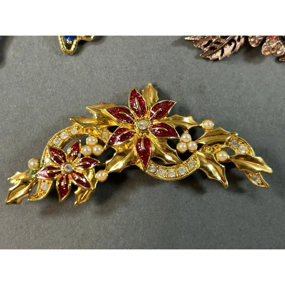 Vintage Brooch Lot 3pc Blue Rhinestone Bow Red Floral Faux Pearl Gold Tone Pins
